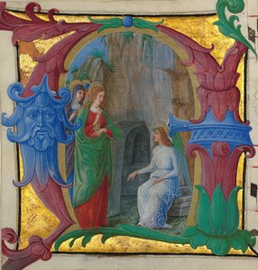 Manuscript Illumination with the Holy Women at the Tomb in an Initial A, Italian, ca. 1490-1500 by Girolamo dai Libri
