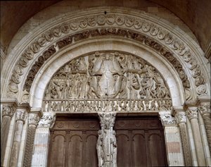 Romanesque art: Tympan sculpted representing the last judgment. Sculpture of Master Gislebertus (ca. 1130-1140). Cathedral Saint-Lazare by Gislebertus