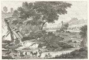 Landscape with Shepherds and Cattle by a Waterfall Italian Landscapes (series title) by Giuliano Giampiccoli