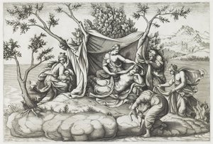Latona Giving Birth to Apollo and Diana, engraved by Diana Mantovana by Giulio (after) Romano