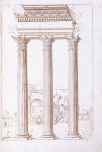 The columns of the temple of Castor and Pollux, with the temple of Peace in the background, c.1550 by Giulio (circle of) Romano