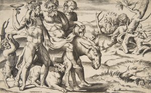 A drunken Silenus riding an ass being supported by satyrs
