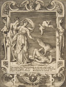 A vulture eating the innards of Titius, Cupid above two women to the left, set within a frame, 1531-76 by Giulio Bonasone