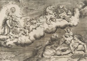 An allegory of the rising sun, a naked man wearing a shroud and accompanied Father Time by Giulio Bonasone