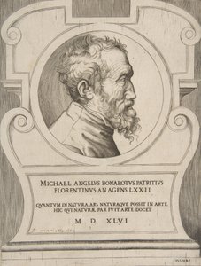 Bust portrait of Michelangelo facing right, set within a cartouche, 1546 by Giulio Bonasone