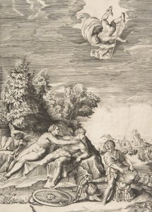 Calypso trying to detain Ulysses as a child prepares his armour at right and Mercury faints by Giulio Bonasone