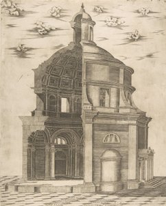 Exterior and interior section of a temple in Rome dedicated to Neptune by Giulio Bonasone