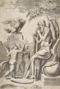 Father Time at the right leaning on a scythe, three naked boys and eagle at the left by Giulio Bonasone