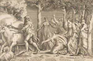 Hercules driving off the cattle of Geryon, at the right are the nymphs of Hesperides