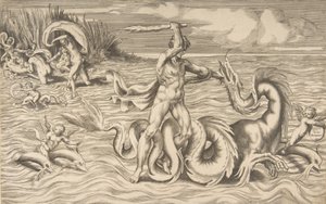 Hercules Fighting a Dragon in the Centre, Achelous Carrying Off Deianeira Upper Left by Giulio Bonasone