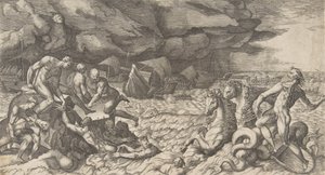 Neptune Calming the Tempest Aeolus Raised Against the Fleet of Aeneas, 1531-76 by Giulio Bonasone