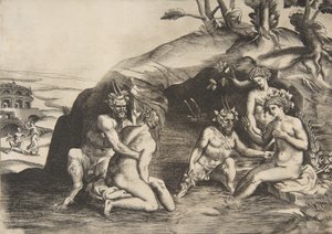 Nymphs and Satyrs bathing by Giulio Bonasone