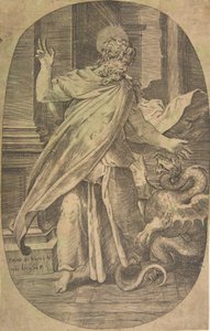 St Paul Overcoming the Viper, within an Architectural Setting, an Oval Composition by Giulio Bonasone