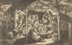 The adoration of the shepherds, various figures surrounding the Christ Child in the center by Giulio Bonasone