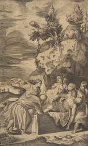 The entombment of Christ, the crosses on Calvary visible in left background