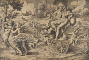 The triumph of Cupid and Psyche who are seated on a chariot drawn by two birds, ca. 1550-67 by Giulio Bonasone
