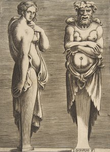 Two Terms, a Nymph at Left Silvanus at Right by Giulio Bonasone
