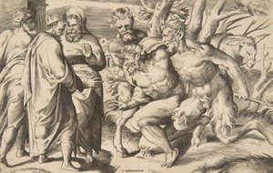 Two Satyrs Bringing Silenus, King Midas Standing at the Left by Giulio Bonasone