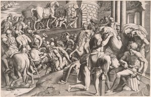 The Trojans Hauling the Wooden Horse into Troy by Giulio Bonasone, after Francesco Primaticcio