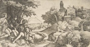 At left four shepherds with musical instruments seated under a group of trees, ca. 1517