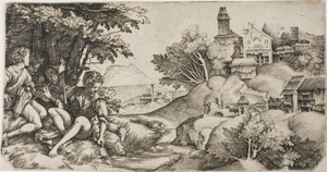 Shepherds in a Landscape by Giulio Campagnola