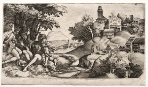 Shepherds in a Landscape by Giulio Campagnola