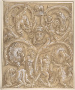 Design for an Ornamental Panel with Rinceaux, Satyrs, Putti, Monsters and a Human Head, 1535-45
