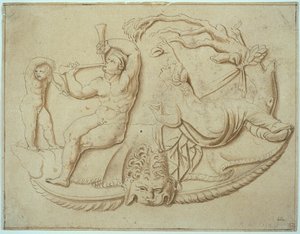 Satyr with Two Pipes and Putto and Woman Taking Drink from Tree by Giulio Romano