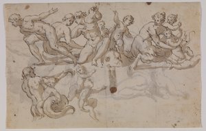 Seahorses, Tritons, and Putti Riding on Dolphins