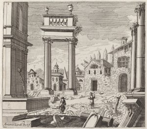 Architectural Fantasy with Classical Ruins and Vernacular Buildings by Giuseppe Antonio Landi
