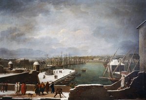 View of the port of Genoa in the snow by Giuseppe Bacigalupo