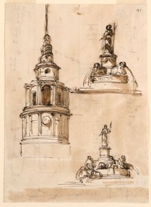 Elevation of a Tower; Fountains; Staircase by Giuseppe Barberi