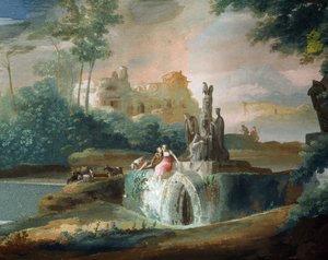 Galant scene of shepherds in an imaginary landscape by Giuseppe Bernardino Bison