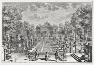 Setting for an opera in a garden, from Architectus Theatralis Primarius, engraved by Johann Andreas Pfeffel