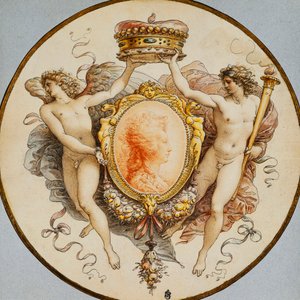 An Oval Portrait of a Woman in Profile with a Decorative Border of Grotesques and Swags, with Flanking Allegorical Figures of Fame and Victory Holding a Coronet by Giuseppe Cades