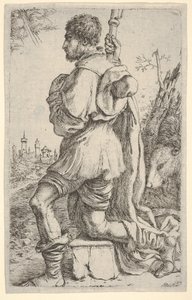 Saint Roch, kneeling on a stone, seen from the side with his dog behind him and a townsman