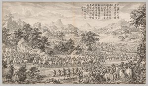 Receiving Surrender from the Eli: from Battle Scenes of the Quelling of Rebellions in the Western Regions, with Imperial Poems by Giuseppe Castiglione
