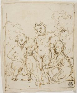 Three Putti and Dog in a Landscape by Giuseppe Diamantini