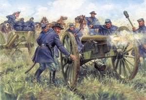 American Civil War: Soldiers of the North (Union) using a gun during a battle - Illustration by Giuseppe Rava