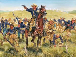 Spanish-American War or Cuban Independence War (1868-1898): portrait of American soldier and politician Theodore Roosevelt charging with the Rough Riders in Cuba