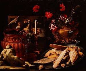 Still Life with Flowers in a Gilt Urn, a Painting and Cakes on a Salver
