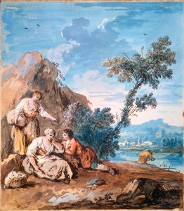 Three peasants resting on a river bank by Giuseppe Zais