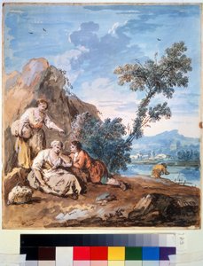 Three Peasants Resting on a River Bank by Giuseppe Zais