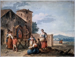 A Group of Peasants Before the Tabernacle with the Standing Madonna Statue by Giuseppe Zais