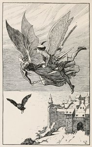 The travelling companion flew behind her, from Fairy Tales from Hans Anderson, pub 1919 by Gordon Frederick Browne