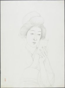 Drawing of a Woman Holding Mirror by Goyo Hashiguchi