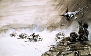 A convoy of five heavy trucks crossing the Egyptian Sand Sea are attacked by an enemy plane