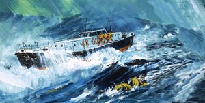 Lifeboat rescuing a man in the Sea