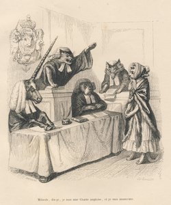 Cat Defending Herself in a Court Composed of a Unicorn, a Cat, a Dog, and a Wolf. Illustrated Vignettes by JJ Granville. Engraving Signed Breviere in the Section 
