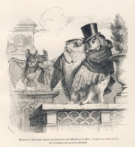 Bat Listening to an Owl and a Hawk Singing. Illustrated Vignettes by JJ Granville. Engraving Signed Breviere in the Section Titled 